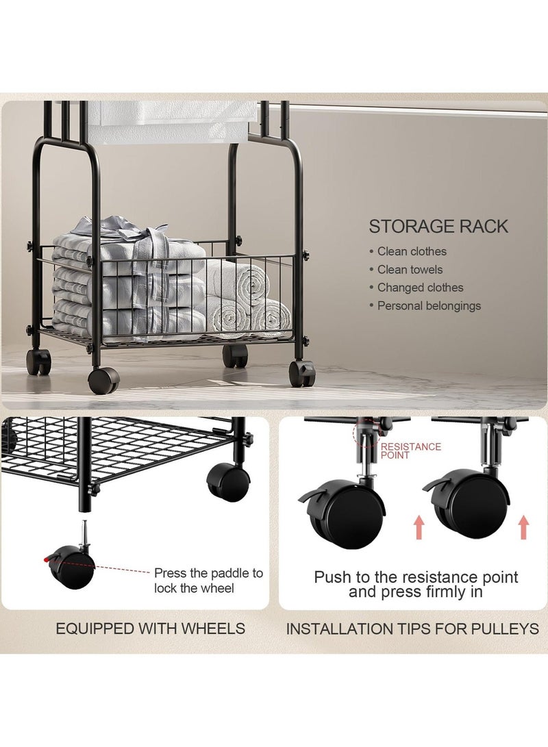 والالا حامل مناشف قائم بذاته للحمام، حامل معدني متين بثلاثة رفوف باللون الأسود مع عجلات وسلة، رف لتجفيف المناشف، رف متعدد الاستخدامات للبطانيات للاستخدام داخل وخارج الحمام. - Image 2